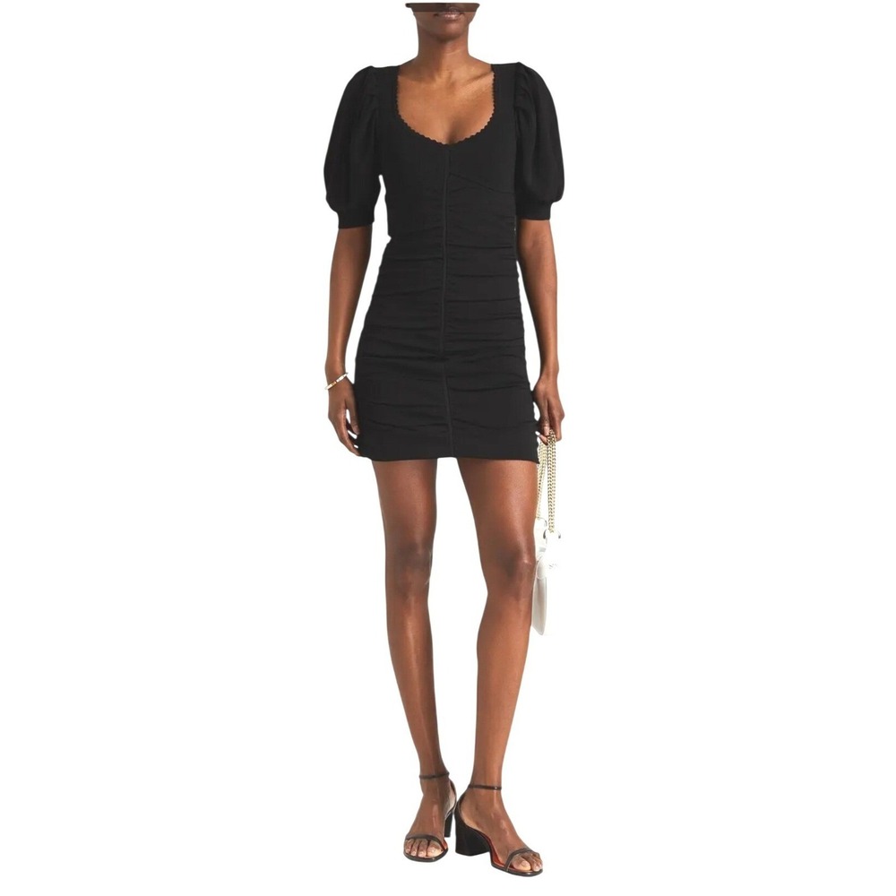 Sandro Poitou Knit Mini Dress 38 US 6 Black Ruched Puff Sleeve NWT LBD Event - Picture 6 of 10
